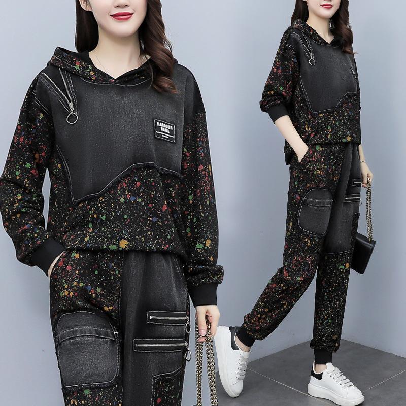 Lockerer Jeansanzug Koreanische Version des zweiteiligen Anzugs für Damen im Frühling und Herbst mit lässiger Sportpulloverhose XXL bunt von Joom DACH