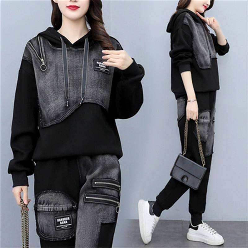 Lockerer Jeansanzug Koreanische Version des zweiteiligen Anzugs für Damen im Frühling und Herbst mit lässiger Sportpulloverhose XXL schwarz Lockerer Jeansanzug Koreanische Version des zweiteiligen Anzugs für Damen im Frühling und Herbst mit lässiger Sportpulloverhose XXL schwarz von Joom DACH