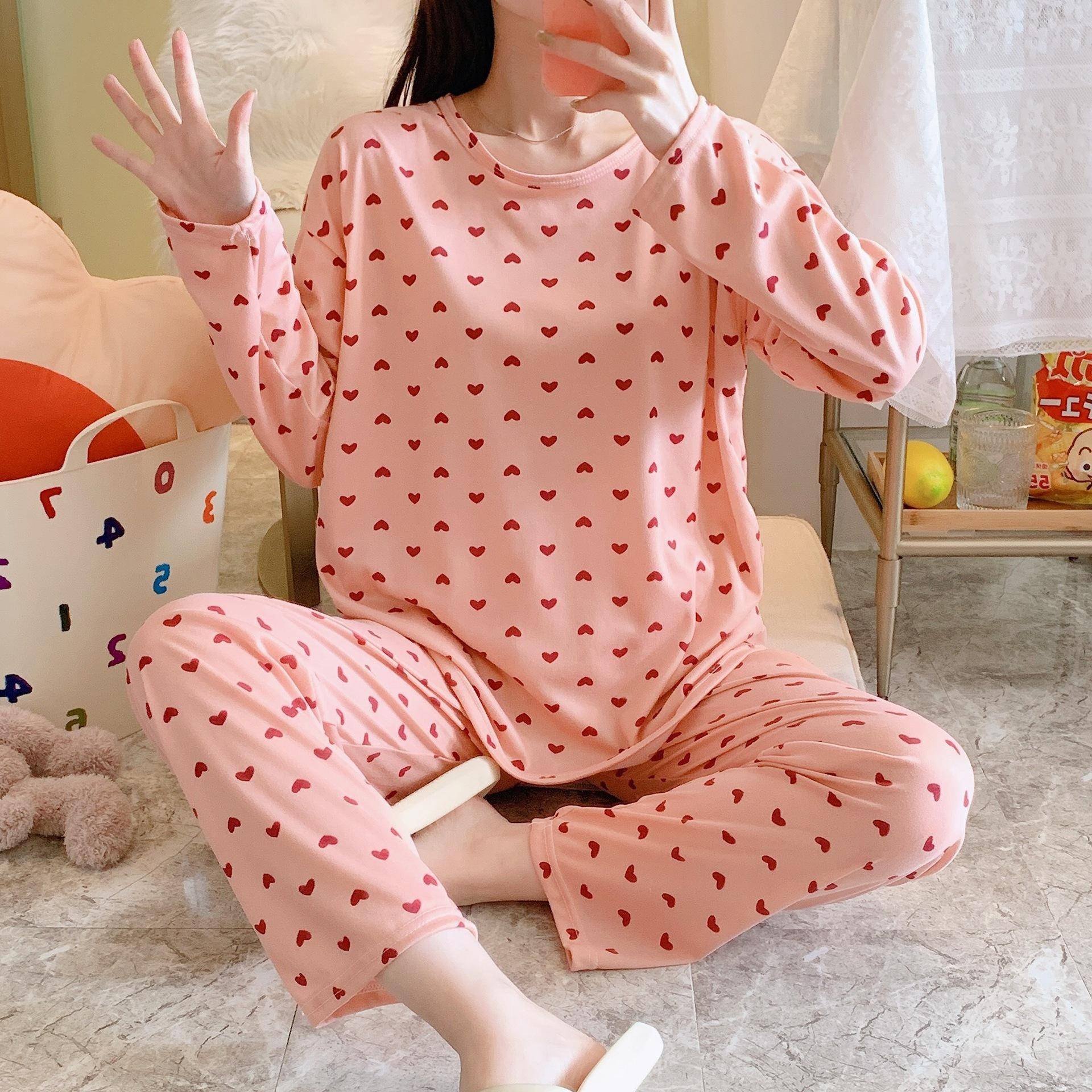 Lockerer zweiteiliger Pyjama für Frühling und Herbst Langärmelig Lässig Schlicht Niedlich Süß Floral Bequem Homewear Damen Umstandsmode One size von Joom DACH