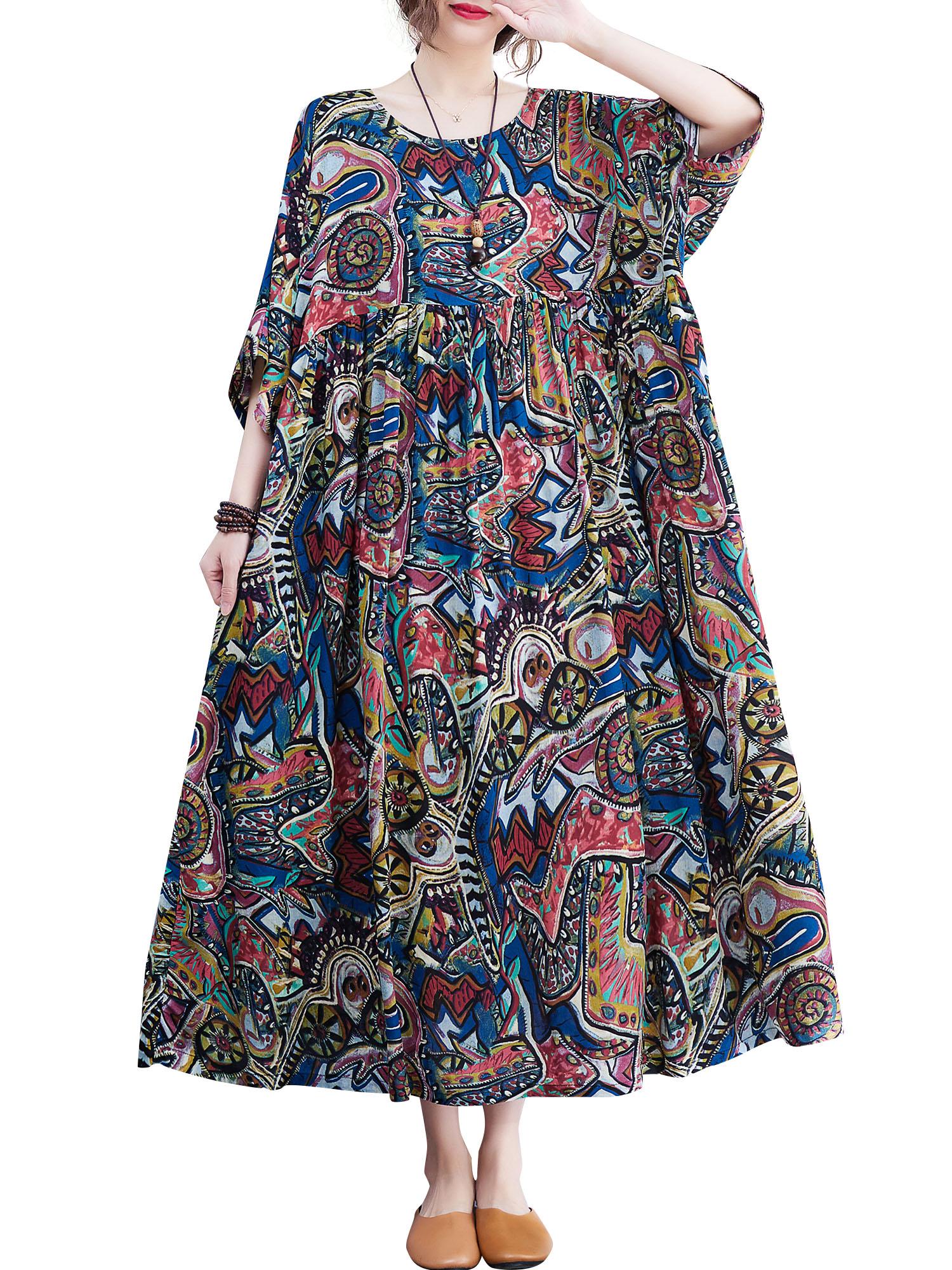 Lockeres Damenkleid mit Taschen, Vintage-Druck, halbe Ärmel, lässiges Urlaubs-Strandkleid One Size von Joom DACH