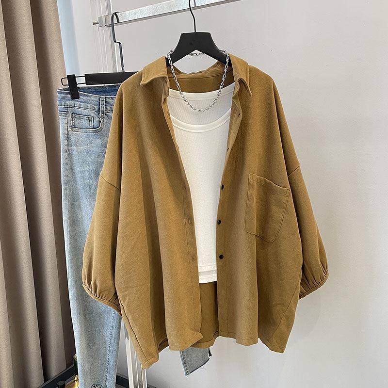 Lockeres und lässiges Oversized-Cardigan-Shirt für Damen, Frühling und Herbst im Hongkong-Stil mit großer Größe und entspannter Passform M khaki von Joom DACH