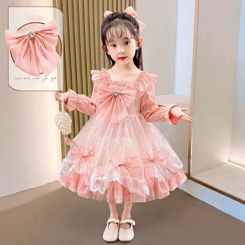 Lolita Mädchen Prinzessin Kleid Frühling Herbst Kinder Langarm Rosa Kleid Spitze Schleife Dekoration Süß A-Linie Rock Fee Set 140 rosa von Joom DACH