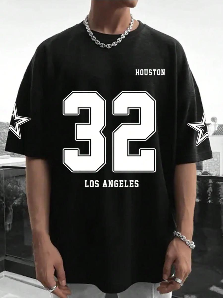 Los Angels Under The Classic Letter 32 Print T-Shirt Mann O-Ausschnitt Lose Kurzarm Atmungsaktive Soft Tops Street Harajuku T-Shirt 6XL von Joom DACH
