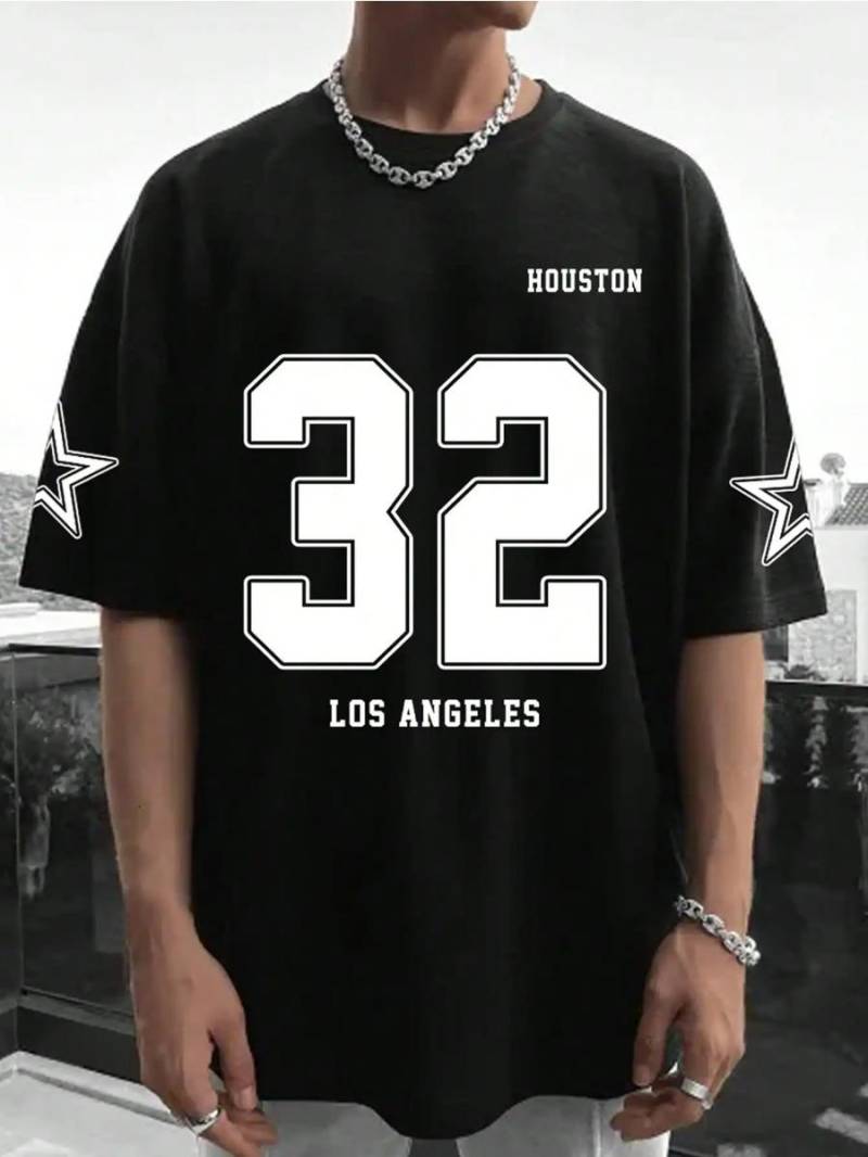 Los Angels Under The Classic Letter 32 Print T-Shirt Mann O-Ausschnitt Lose Kurzarm Atmungsaktive Soft Tops Street Harajuku T-Shirt 6XL von Joom DACH