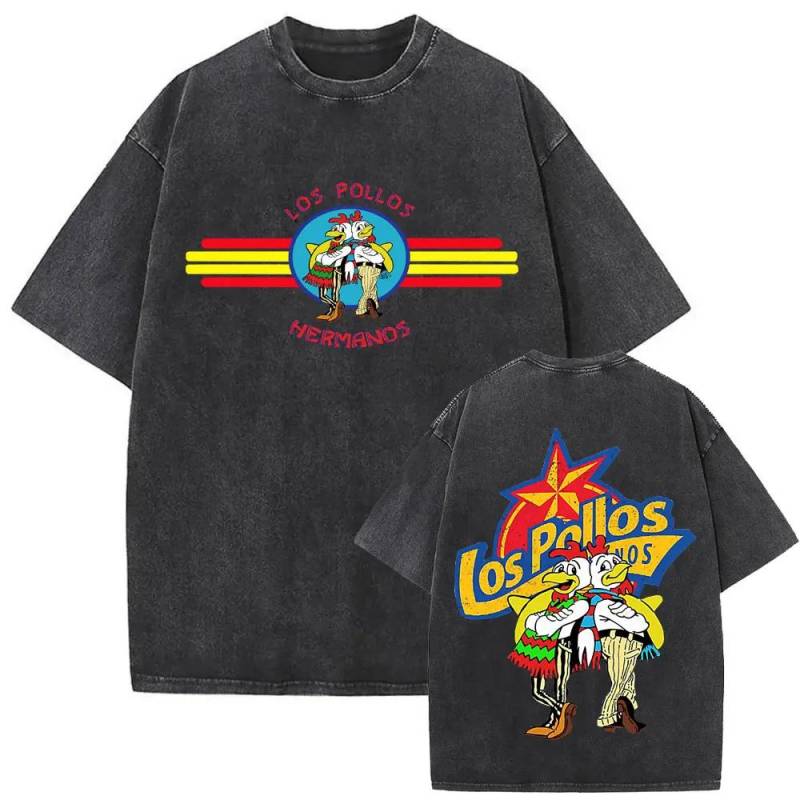 Los Pollos Hermanos Chicken Brothers Gewaschene T-Shirts Damen Herren Lässig Retro Übergroß Mode Kurzarm Tops Gewaschen 3XL von Joom DACH