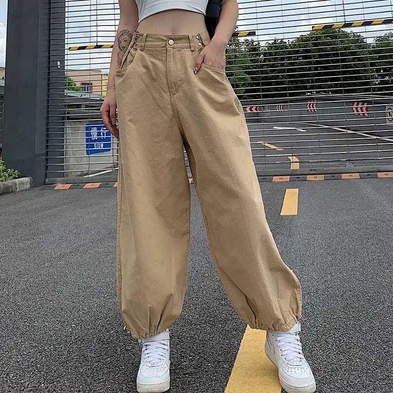 Lose Cargo Hosen Frauen Hip Hop Stil Hosen Hohe Taille Knöchel-Länge Hosen Streetwear Weibliche Overalls L khaki von Joom DACH