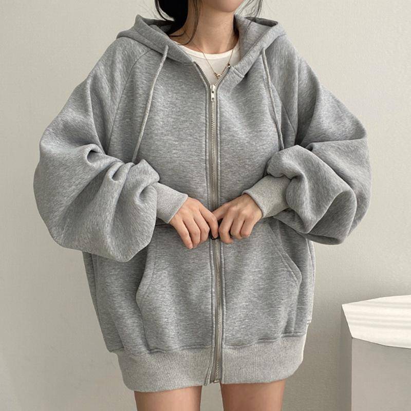 Lose Hoodies Frauen Herbst Winter Neue Casual Langarm Zip Up Hoodie Chic Vintage Solide Draw String Sweatshirt One size grau von Joom DACH