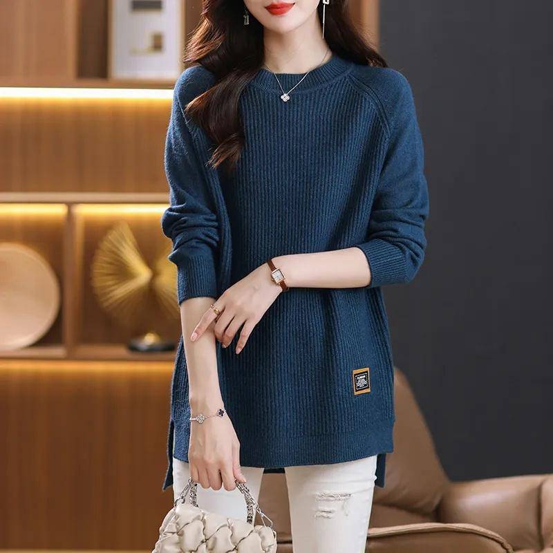 Lose Pullover Pullover frauen Koreanische Große Größe 5XL Herbst/Winter Lange Stil Basis Hemd Top Tide Mode Strickwaren Damen 5XL grau-blau von Joom DACH