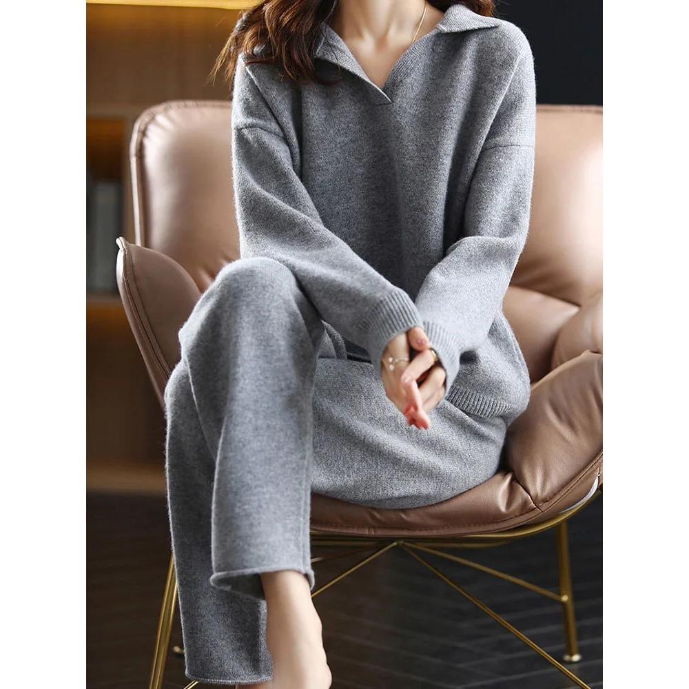 Lose gestrickte 2-teilige Sets Frauen koreanische Polokragen Pullover Pullover Conjuntos hohe Taille Knöchellänge Haremshose One Size khaki von Joom DACH