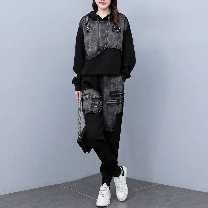 Lose große Denim-Anzug Damen Denim Damen zweiteilige Langarm-Top 4XL schwarz von Joom DACH