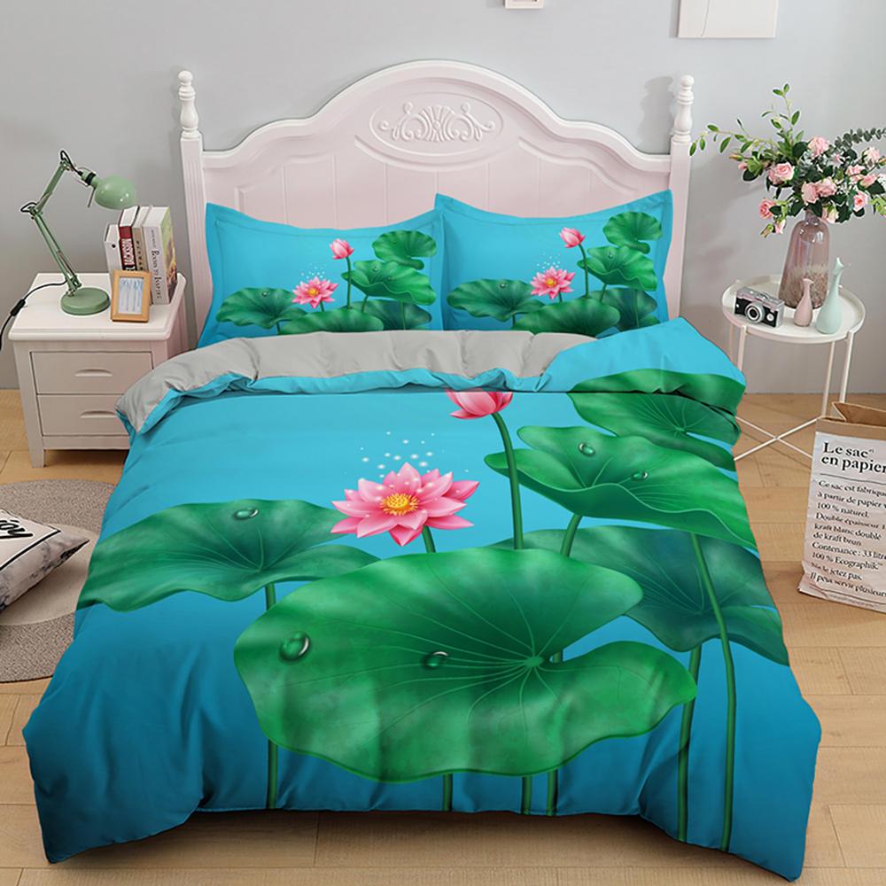 Lotus Bettbezug-Set Rosa Blumen und Grüne Blätter Polyester Bettdeckenbezug King Queen Größe für Kinder Mädchen Frauen Bettwäsche-Set EU single(135x200cm) von Joom DACH