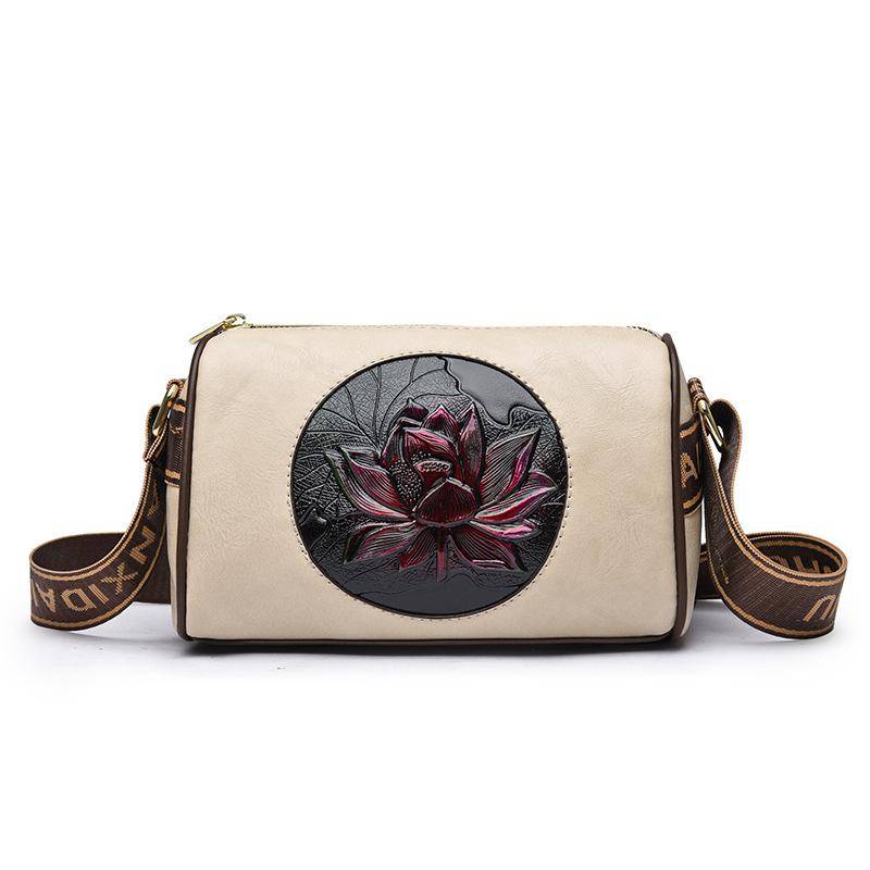 Lotusdruck Damen Umhängetasche: Elegante Herbst/Winter Handytasche im Nationalstil grauweiß von Joom DACH