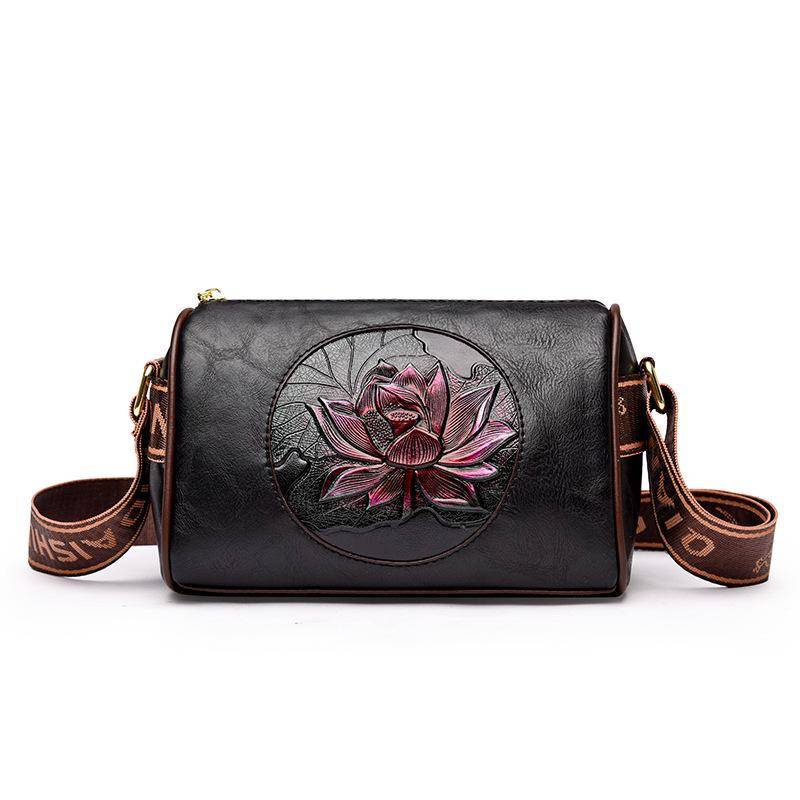 Lotusdruck Damen Umhängetasche: Elegante Herbst/Winter Handytasche im Nationalstil schwarz von Joom DACH