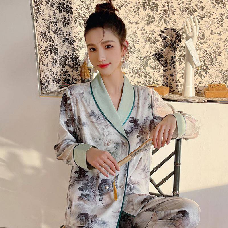 Loungewear aus Eisseide, Pyjama-Set für Damen, bedruckte Lounge-Kleidung, langärmeliges Hosen-Set, lockerer Pyjama, 2-teiliges Pyjama-Set XL von Joom DACH