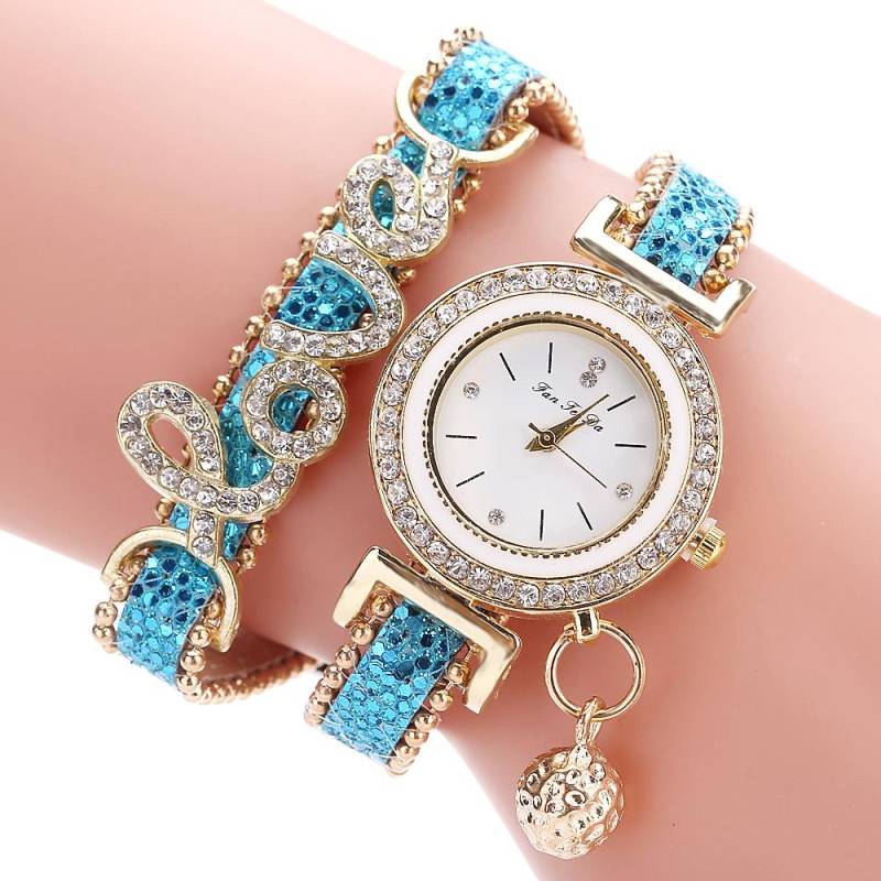 Love Style Strass Wrap Leder Damen Armbanduhr Quarzuhren himmelblaue von Joom DACH