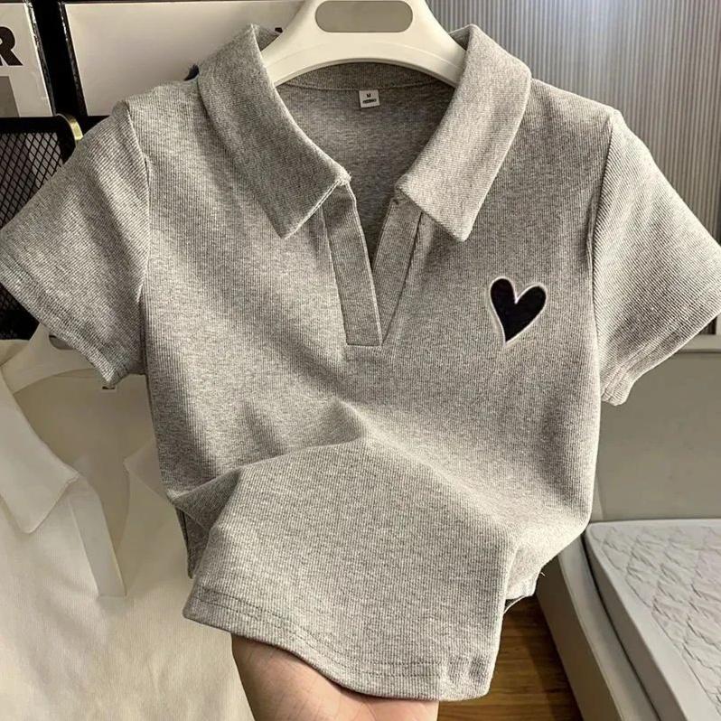 Loves Embroidery T-Shirt Polokragen Orthoshoulder Slim Hotsweet Damen Crop Top Korean Fashion Hottie Simple Casual M von Joom DACH