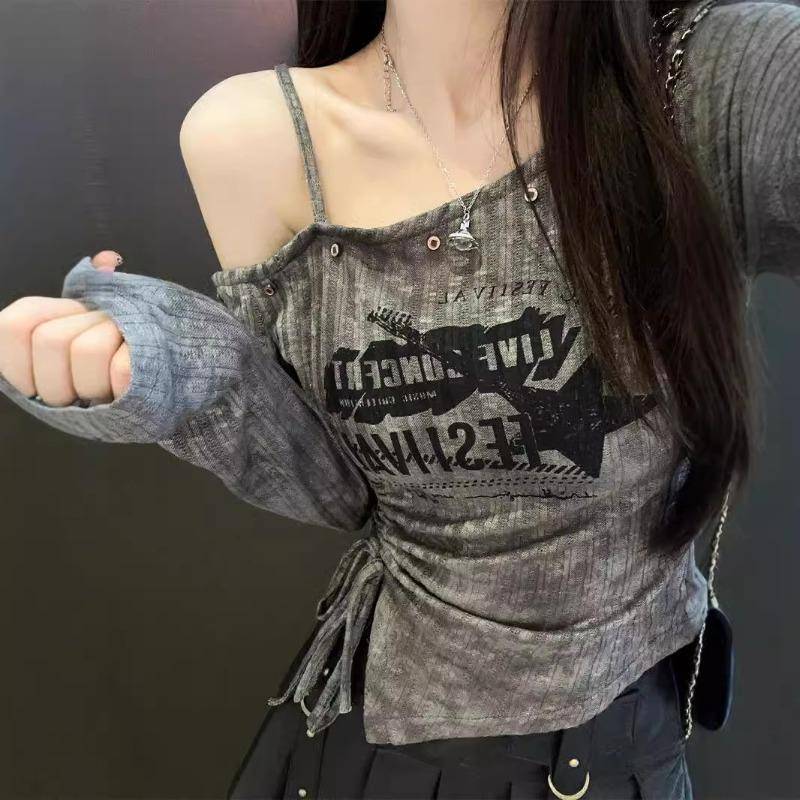 Lrregular Slanted Shoulder Drawstring Print Waist Slimming Long Sleeve Strickshirt T-Shirt Top für Damen M grau von Joom DACH