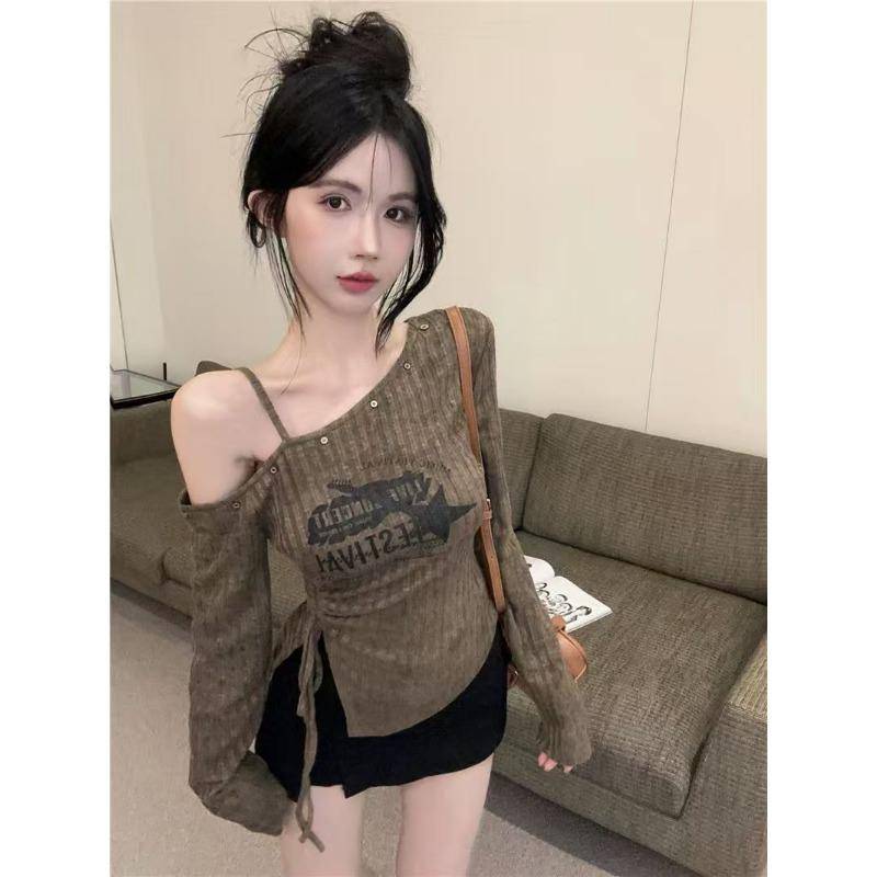 Lrregular Slanted Shoulder Drawstring Print Waist Slimming Long Sleeve Strickshirt T-Shirt Top für Damen S braun Lrregular Slanted Shoulder Drawstring Print Waist Slimming Long Sleeve Strickshirt T-Shirt Top für Damen S braun von Joom DACH
