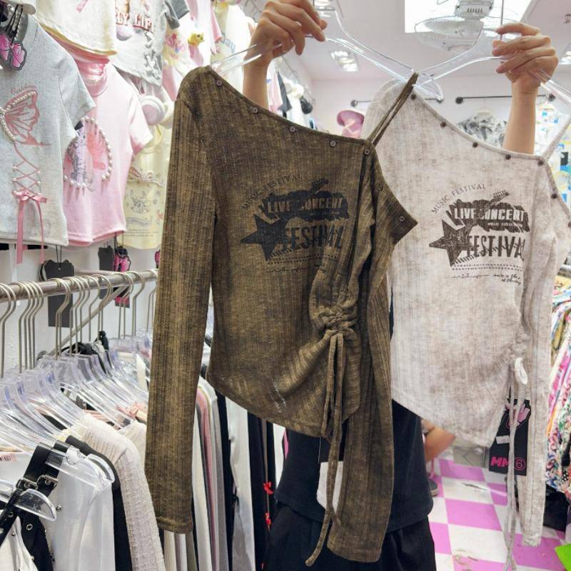 Lrregular Slanted Shoulder Drawstring Print Waist Slimming Long Sleeve Strickshirt T-Shirt Top für Damen S beige Lrregular Slanted Shoulder Drawstring Print Waist Slimming Long Sleeve Strickshirt T-Shirt Top für Damen S beige von Joom DACH