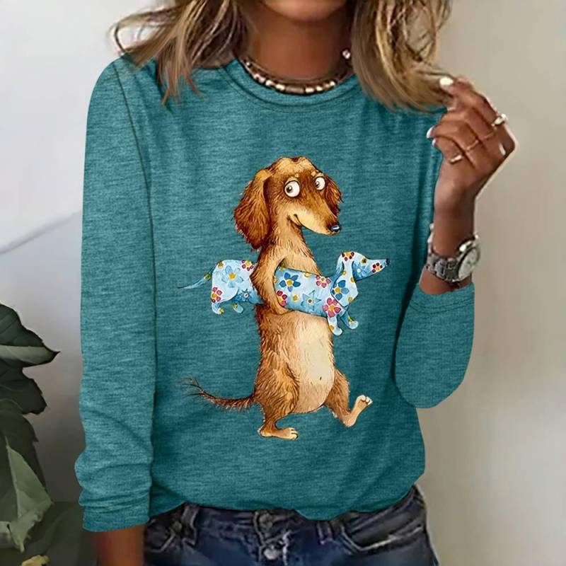 Lustige T-Shirts mit Dackel-Muster und langen Ärmeln, Herbst-Baumwolle, Rundhalsausschnitt, Damen-T-Shirts, modische Damenkleidung, Pullover 8xl von Joom DACH