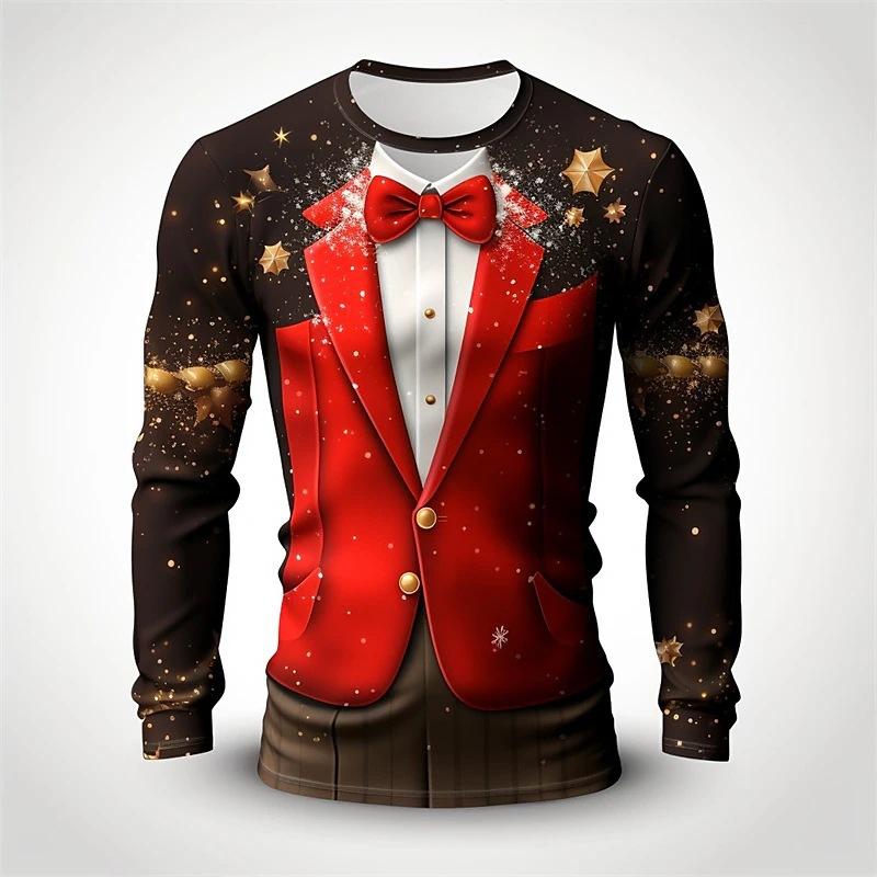 Lustige Weihnachtskostüm-T-Shirts mit gefälschter Anzugkrawatte und 3D-Druck, Herren-T-Shirt mit Rundhalsausschnitt und langen Ärmeln, Harajuku-Pullover, T-Shirts, Tops, Kinderkleidung 3XL von Joom DACH