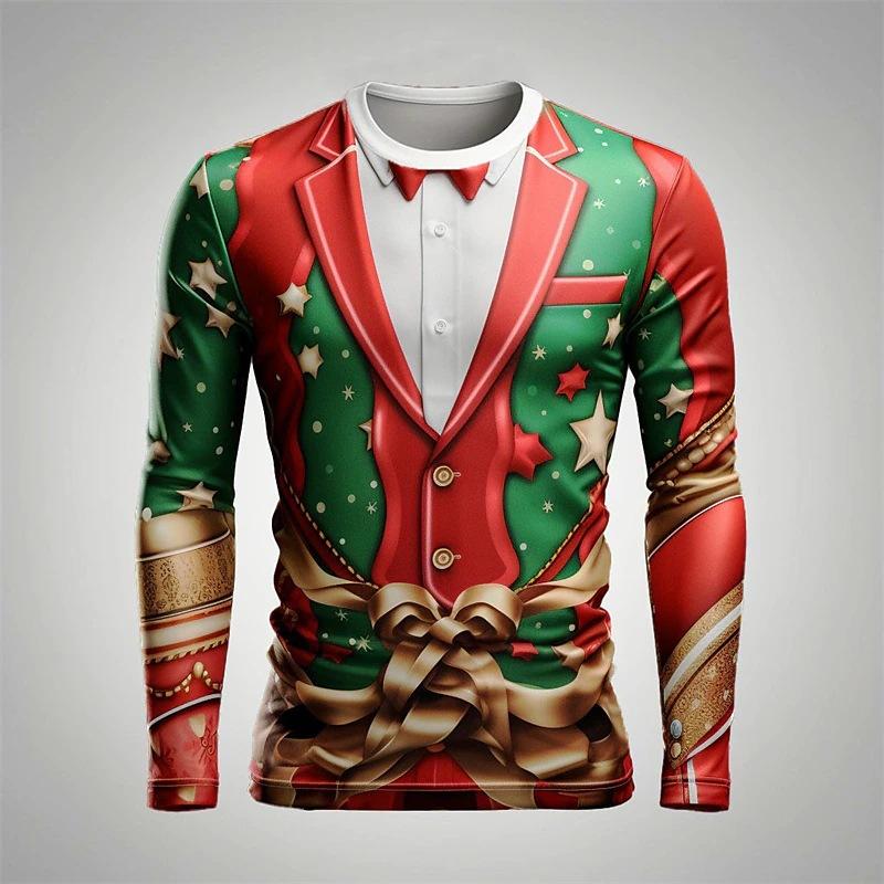Lustige Weihnachtskostüm-T-Shirts mit gefälschter Anzugkrawatte und 3D-Druck, Herren-T-Shirt mit Rundhalsausschnitt und langen Ärmeln, Harajuku-Pullover, T-Shirts, Tops, Kinderkleidung 3XL von Joom DACH