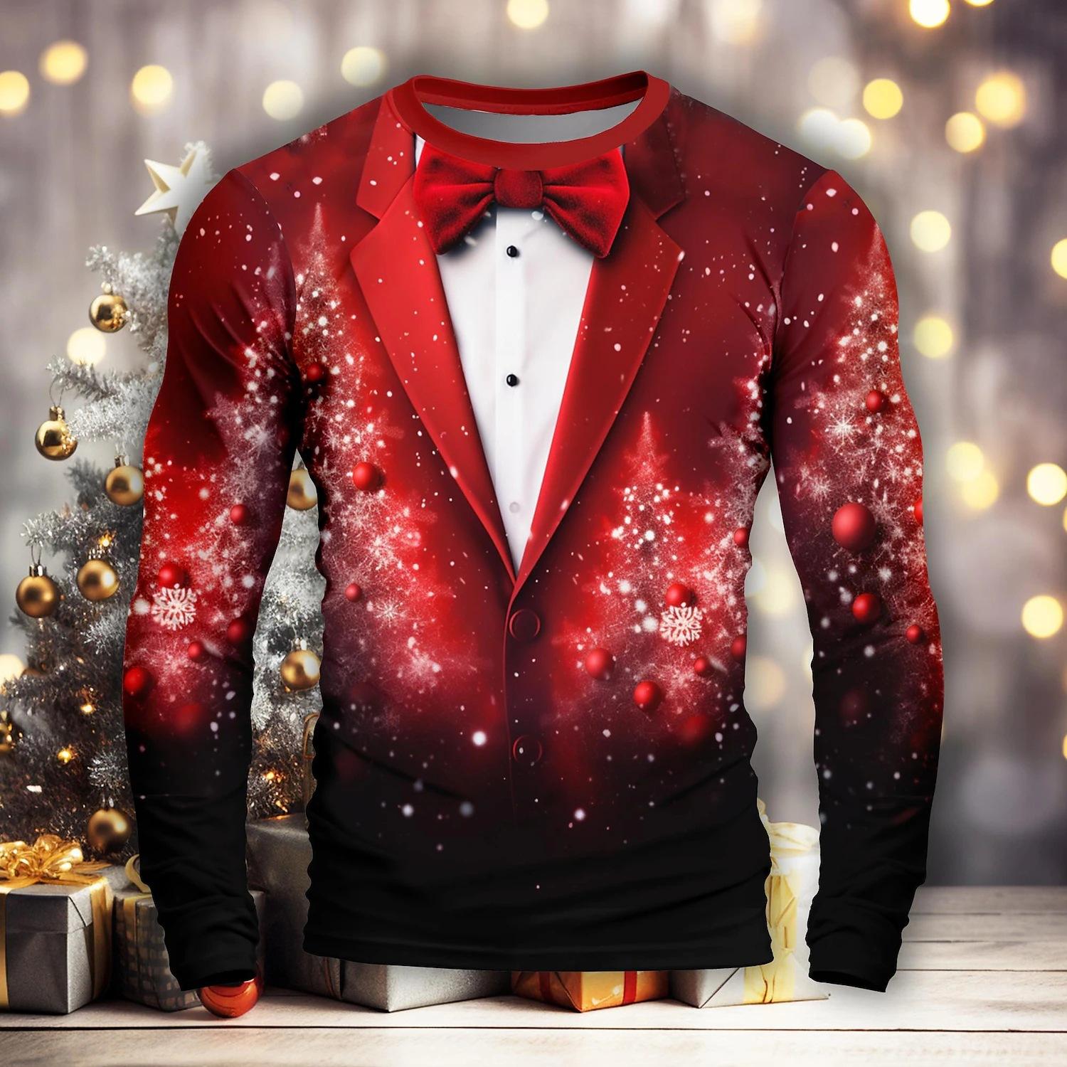Lustige Weihnachtskostüm-T-Shirts mit gefälschter Anzugkrawatte und 3D-Druck, Herren-T-Shirt mit Rundhalsausschnitt und langen Ärmeln, Harajuku-Pullover, T-Shirts, Tops, Kinderkleidung XL von Joom DACH
