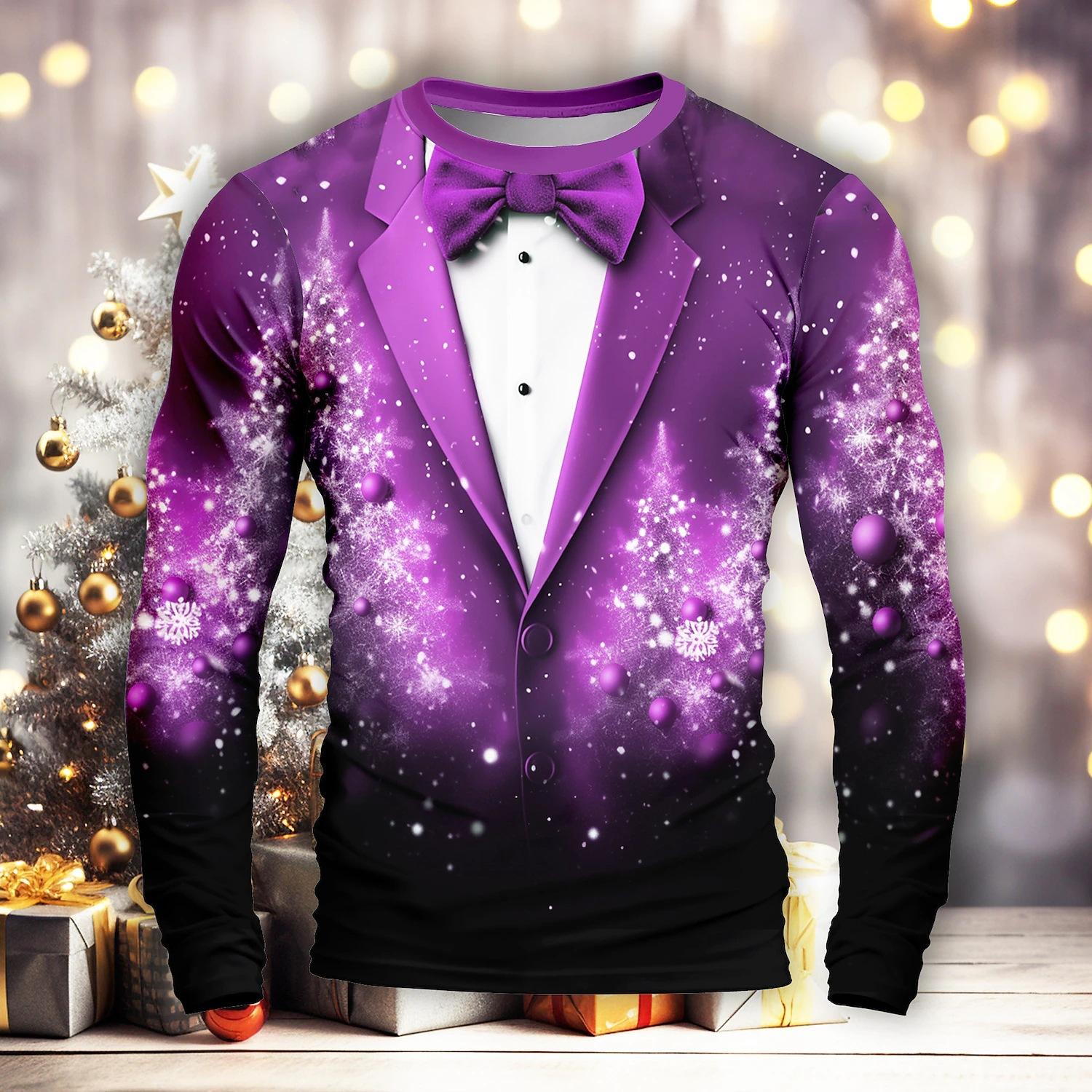 Lustige Weihnachtskostüm-T-Shirts mit gefälschter Anzugkrawatte und 3D-Druck, Herren-T-Shirt mit Rundhalsausschnitt und langen Ärmeln, Harajuku-Pullover, T-Shirts, Tops, Kinderkleidung XL von Joom DACH