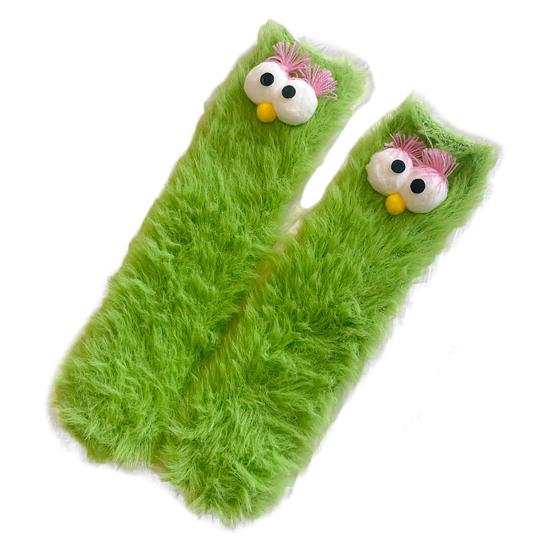 Lustige flauschige alberne Socken für Damen, flauschige Hausschuhe, 3D-Neuheitengesicht, Plüschsocken, Winterwarm, niedliche Bodensocken grün von Joom DACH
