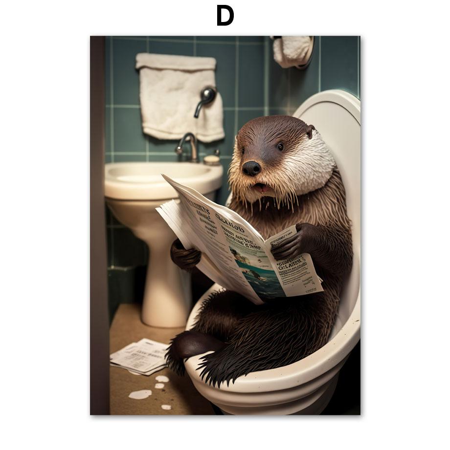 Lustiger Badezimmer-Humor Wanddeko Panda Ziege Huhn Sitzen auf der Toilette Zeitung lesen Poster Kunstdruck Leinwandgemälde 21x30cm No Framed von Joom DACH