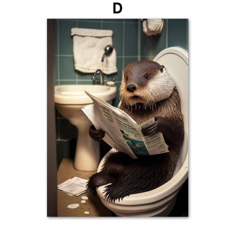 Lustiger Badezimmer-Humor Wanddeko Panda Ziege Huhn Sitzen auf der Toilette Zeitung lesen Poster Kunstdruck Leinwandgemälde 21x30cm No Framed von Joom DACH