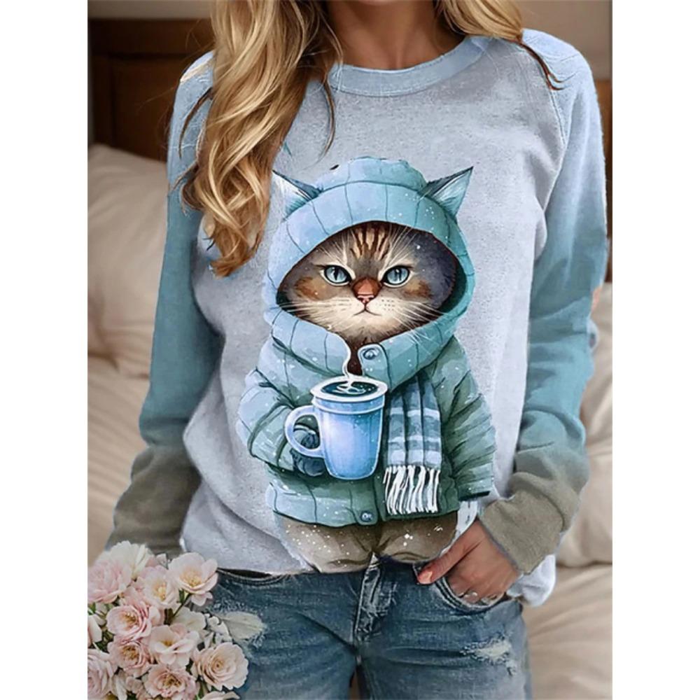Lustiger Kapuzenpullover mit Katzendruck, Damenmode, Rundhals-Sweatshirt, Tierjacke, Damenpullover, Innenbekleidung, Kawaii-Sweatshirt, Damen 2XL von Joom DACH