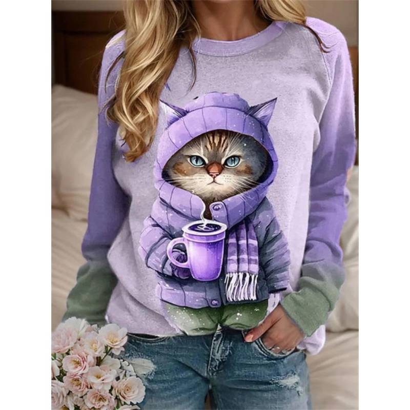 Lustiger Kapuzenpullover mit Katzendruck, Damenmode, Rundhals-Sweatshirt, Tierjacke, Damenpullover, Innenbekleidung, Kawaii-Sweatshirt, Damen S von Joom DACH