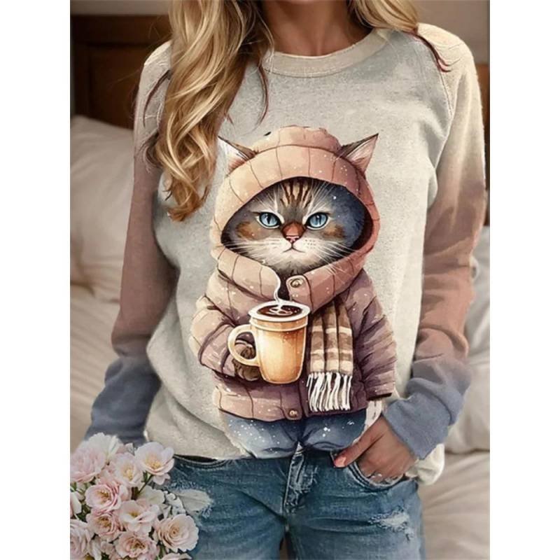 Lustiger Kapuzenpullover mit Katzendruck, Damenmode, Rundhals-Sweatshirt, Tierjacke, Damenpullover, Innenbekleidung, Kawaii-Sweatshirt, Damen S von Joom DACH