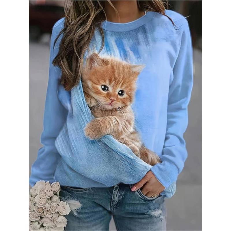 Lustiger Kapuzenpullover mit Katzendruck, Damenmode, Rundhals-Sweatshirt, Tierjacke, Damenpullover, Innenbekleidung, Kawaii-Sweatshirt, Damen S von Joom DACH