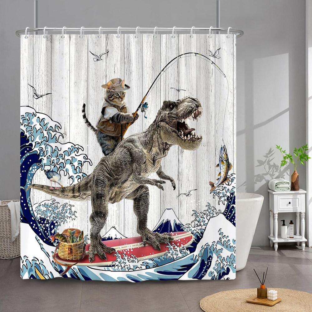 Lustiger Katzen-Duschvorhang, süßes cooles Kätzchen, das Wale reitet, Cartoon-Tier, Ozeanwelle, Kinder-Badezimmervorhang, wasserdicht, mit Haken 150x180cm-60x70in von Joom DACH