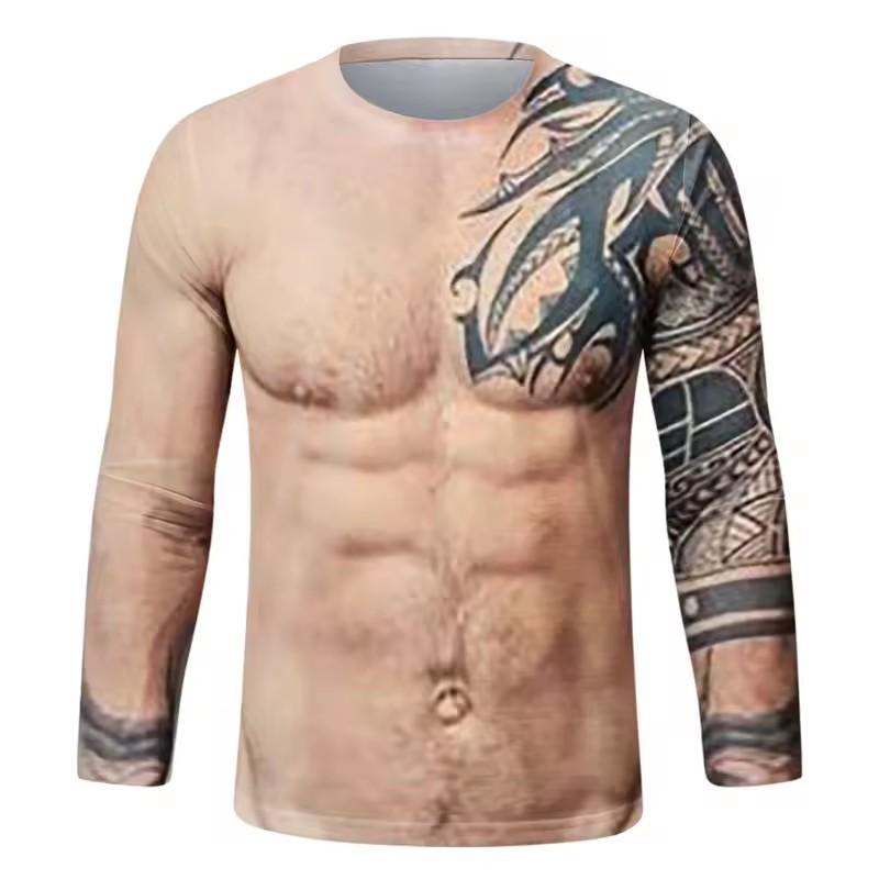 Lustiges Fake-Muskel-Grafik-T-Shirt Herren Langarm-T-Shirt Sport 3D-gedrucktes T-Shirt Lässig Frühling Lauf-Tees Tops 5XL von Joom DACH