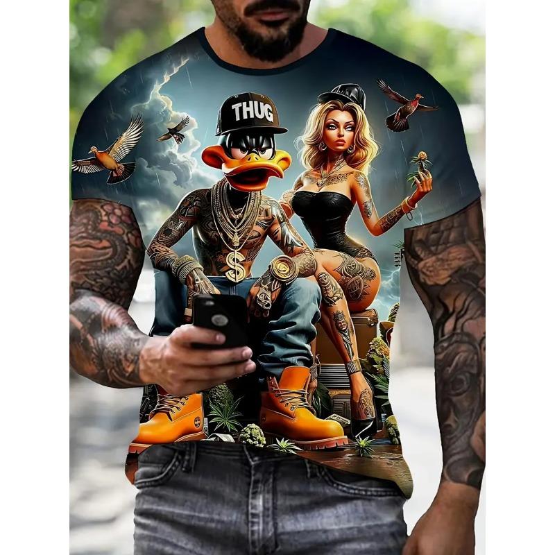 Lustiges Herren-T-Shirt mit Cartoon-Enten-Print, Sommer, lässig, kurzärmelig, Pullover, modische T-Shirts für den Außenbereich, übergroße Kleidung für Männer L von Joom DACH