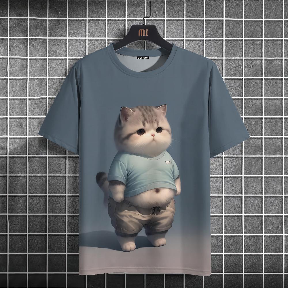 Lustiges Herren T-Shirt mit Tier-Fette-Katze-Aufdruck, lässig, locker, kurzärmelig, übergroße Herrenbekleidung, Tops, Sommer-Streetwear 4XL von Joom DACH