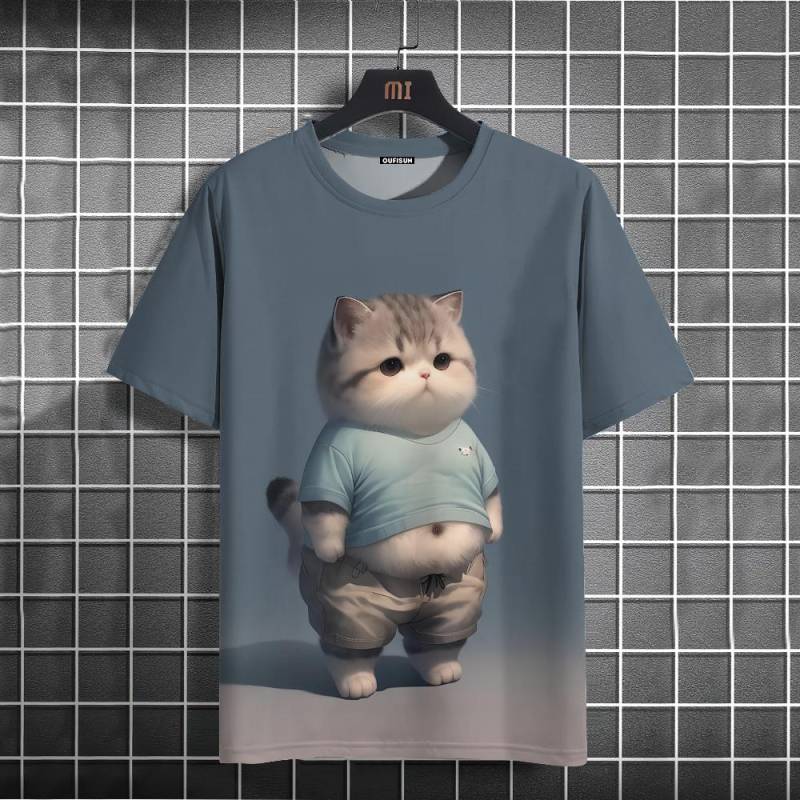 Lustiges Herren T-Shirt mit Tier-Fette-Katze-Aufdruck, lässig, locker, kurzärmelig, übergroße Herrenbekleidung, Tops, Sommer-Streetwear 4XL von Joom DACH