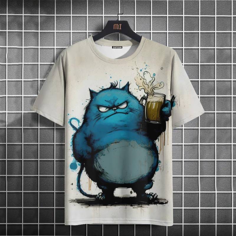 Lustiges Herren T-Shirt mit Tier-Fette-Katze-Aufdruck, lässig, locker, kurzärmelig, übergroße Herrenbekleidung, Tops, Sommer-Streetwear 4XL von Joom DACH