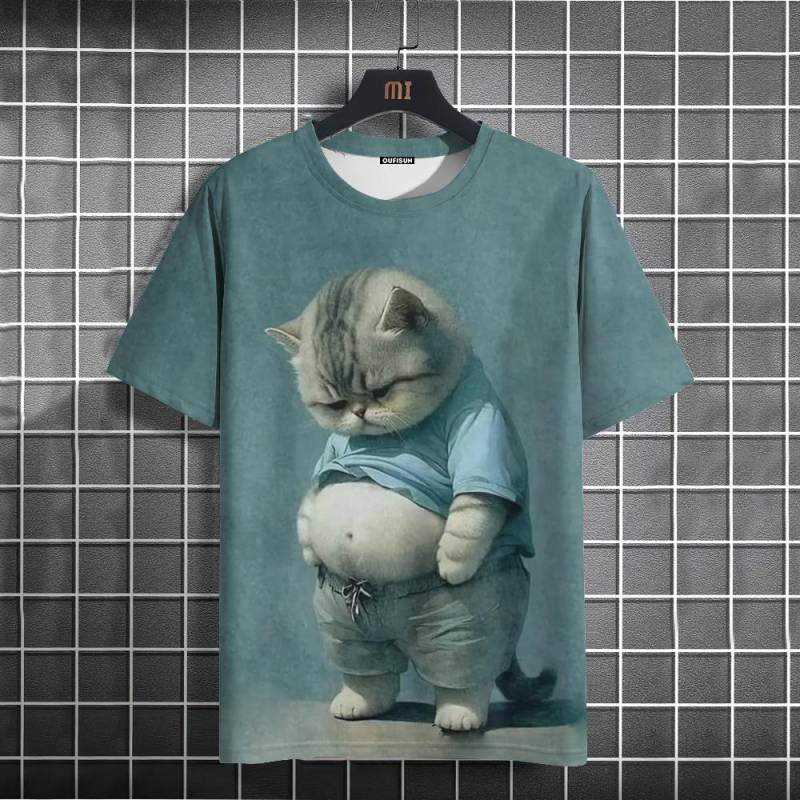 Lustiges Herren T-Shirt mit Tier-Fette-Katze-Aufdruck, lässig, locker, kurzärmelig, übergroße Herrenbekleidung, Tops, Sommer-Streetwear 5XL von Joom DACH