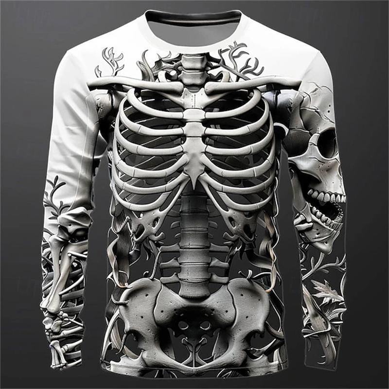 Lustiges Langarm-T-Shirt mit 3D-Totenkopf-Print für Herren, lässig, O-Ausschnitt, Baumwolle, lockere Oberteile, modische Kleidung mit menschlichem Knochenmuster, Herbst-T-Shirts 3XL von Joom DACH