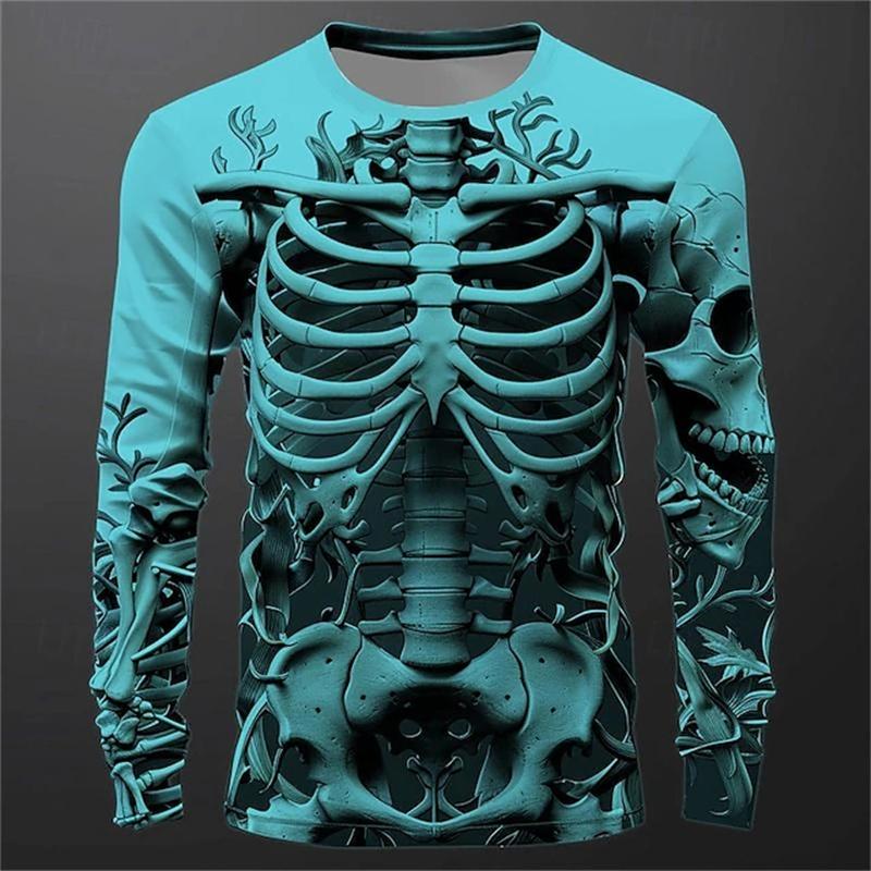 Lustiges Langarm-T-Shirt mit 3D-Totenkopf-Print für Herren, lässig, O-Ausschnitt, Baumwolle, lockere Oberteile, modische Kleidung mit menschlichem Knochenmuster, Herbst-T-Shirts 3XL von Joom DACH