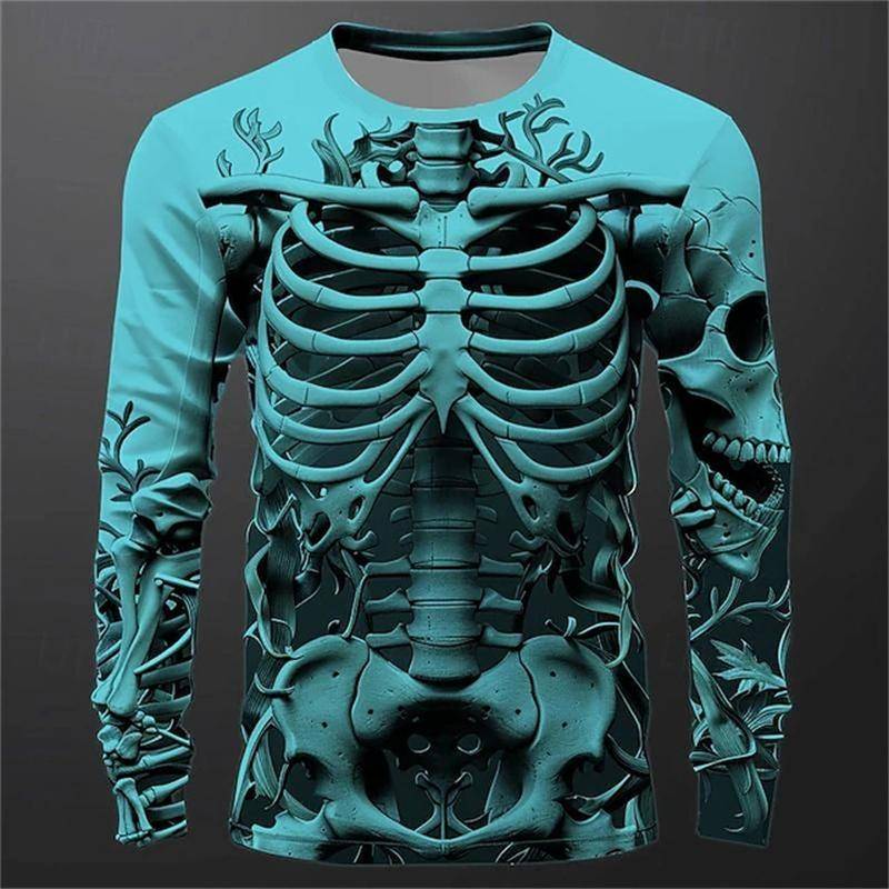 Lustiges Langarm-T-Shirt mit 3D-Totenkopf-Print für Herren, lässig, O-Ausschnitt, Baumwolle, lockere Oberteile, modische Kleidung mit menschlichem Knochenmuster, Herbst-T-Shirts 3XL von Joom DACH