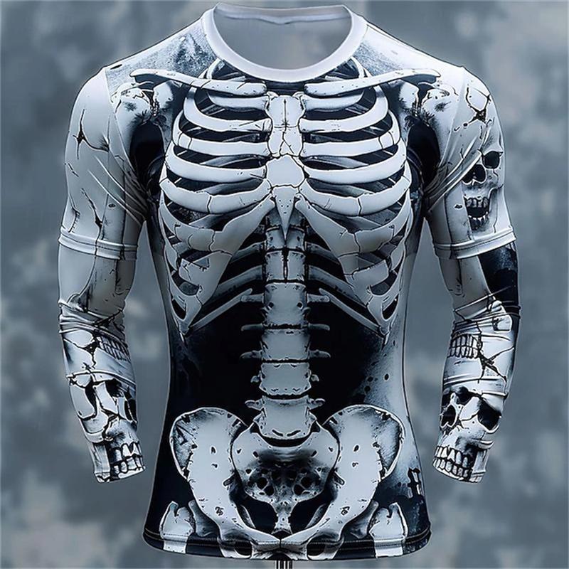 Lustiges Langarm-T-Shirt mit 3D-Totenkopf-Print für Herren, lässig, O-Ausschnitt, Baumwolle, lockere Oberteile, modische Kleidung mit menschlichem Knochenmuster, Herbst-T-Shirts L von Joom DACH