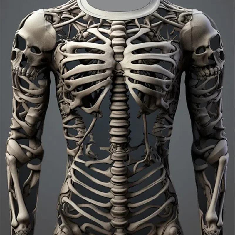 Lustiges Langarm-T-Shirt mit 3D-Totenkopf-Print für Herren, lässig, O-Ausschnitt, Baumwolle, lockere Oberteile, modische Kleidung mit menschlichem Knochenmuster, Herbst-T-Shirts L von Joom DACH