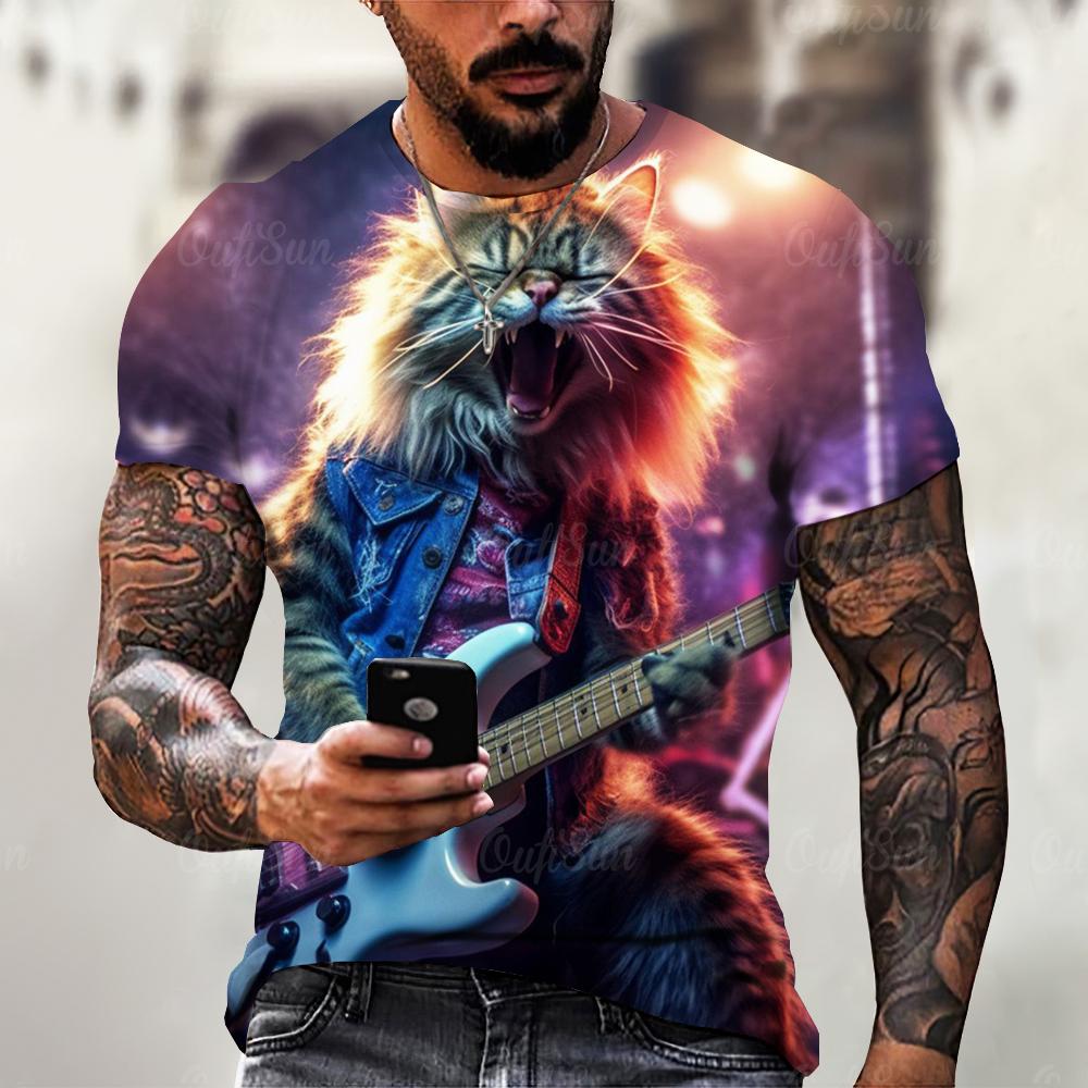 Lustiges T-Shirt für Herren, Sommer, kurzärmelig, Tier-T-Shirts, Rock Cat, 3D-Druck, modisch, lässig, Straße, übergroße Herrenbekleidung XL von Joom DACH