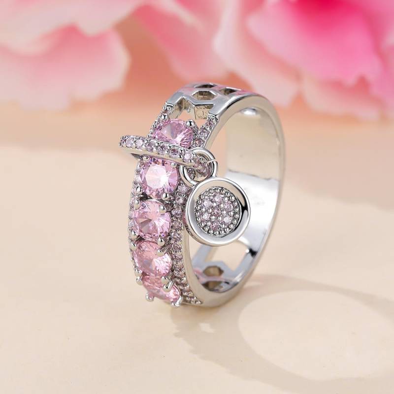 Luxuriöse, runde Ringe für Frauen, silberfarben, aquablauer Zirkonia, Eheringe, Schmuck 8 rosa/silber von Joom DACH