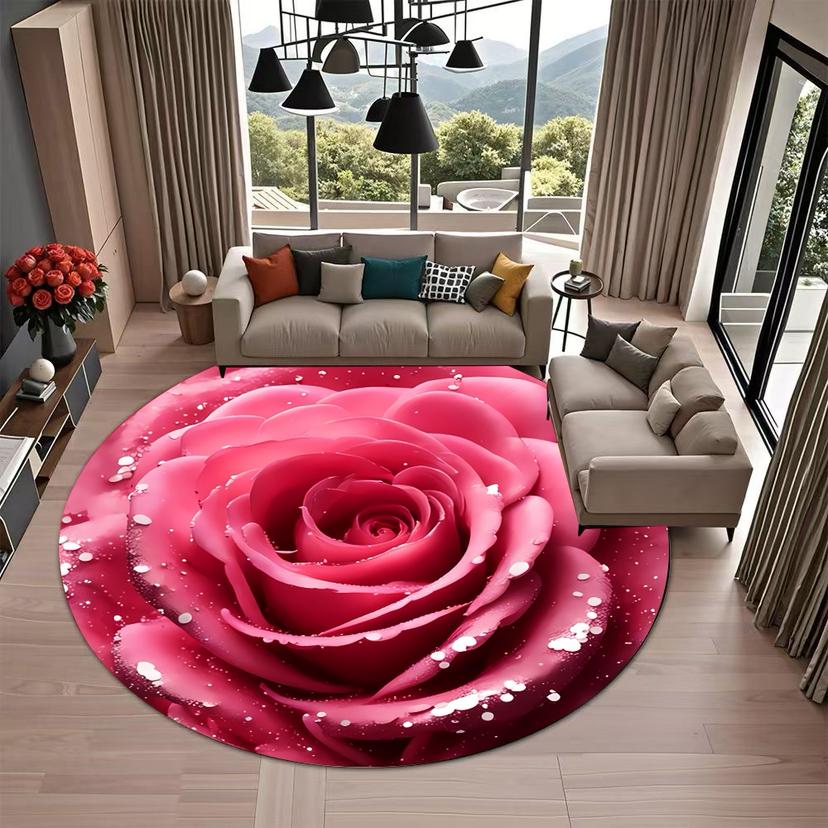 Luxuriöse Fußmatten mit goldenem Rand und Rosenmuster in runder Form, Läuferteppich für Küche und Flur, Schlafzimmer, Wohnzimmer, weicher Teppich, rutschfester Flächenteppich 100X100cm rose rot von Joom DACH